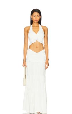 White Twist-Front Halter Crop Top & Tiered Maxi Skirt Set - XXS