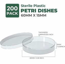 200 Packs Sterile Thick Plastic Petri Dishes with Lid, Vabiooth 60mm Dia x 15mm Deep Clear 3 Vents Petri Dish for Lab Science Experiment
