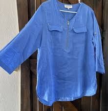 Jones NY Blue Linen Quarter Zip Popover Blouse Top Women's Size M Medium Shirt Tee T