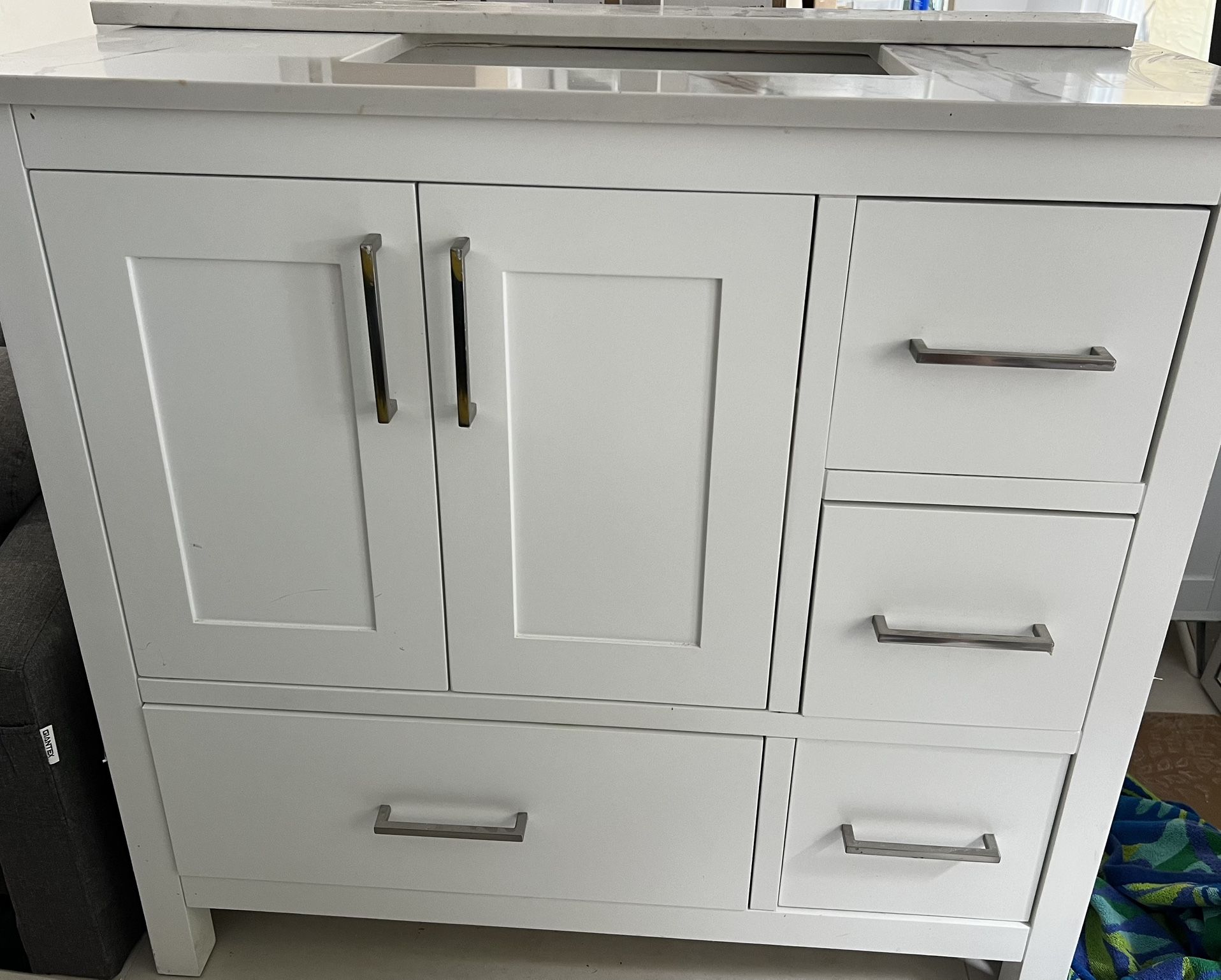 White 36in Bathroom Vanity, Countertop, Sink, Faucet