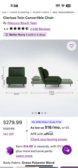 New Clarissa Twin Convertible Chair. I have 2 available at $150 each. Color is Green