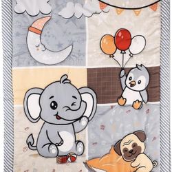 Baby Crib Quilt with Elephant, Penguin, and Pug Design, Nursery Bedding Quilt with Moon and Balloons Theme