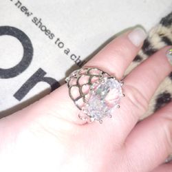 Sterling Silver Statement Ring W One Large Singe Oval Step Cut Stone, Size 5.5