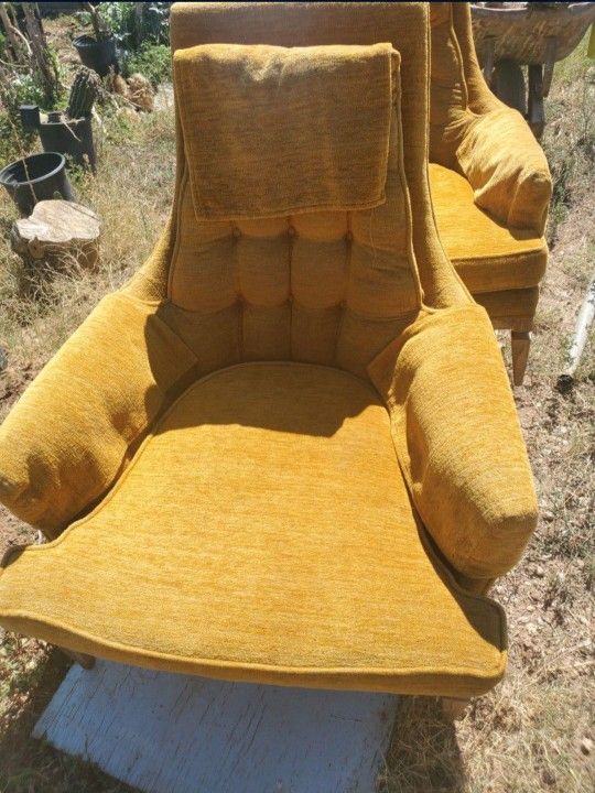 Vintage Gold High Back Tufted Lounge Chairs Pair