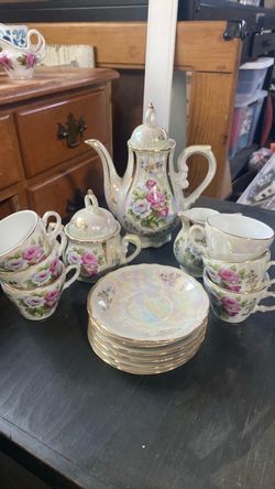 Porcelain Tea Set with Rose Floral Pattern