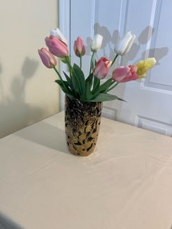 Metal Leaf Vase with Silk Tulips – 20” Tall Arrangement