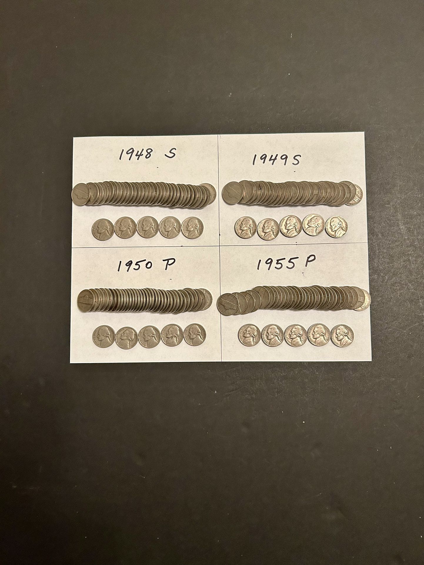 Coins – Jefferson Nickels – All Very Low  Mintage  – 1948S and 1949S and 1950P and 1955P - Total 4 Rolls - 160 Coins 