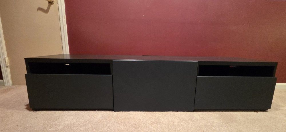 Ikea BESTÅ TV unit with drawers and door, black-brown, Notviken blue doors.