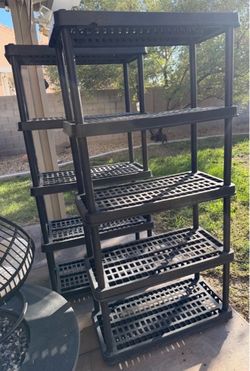 Two Black Plastic 5-Tier Storage Shelving Unit cabinet
