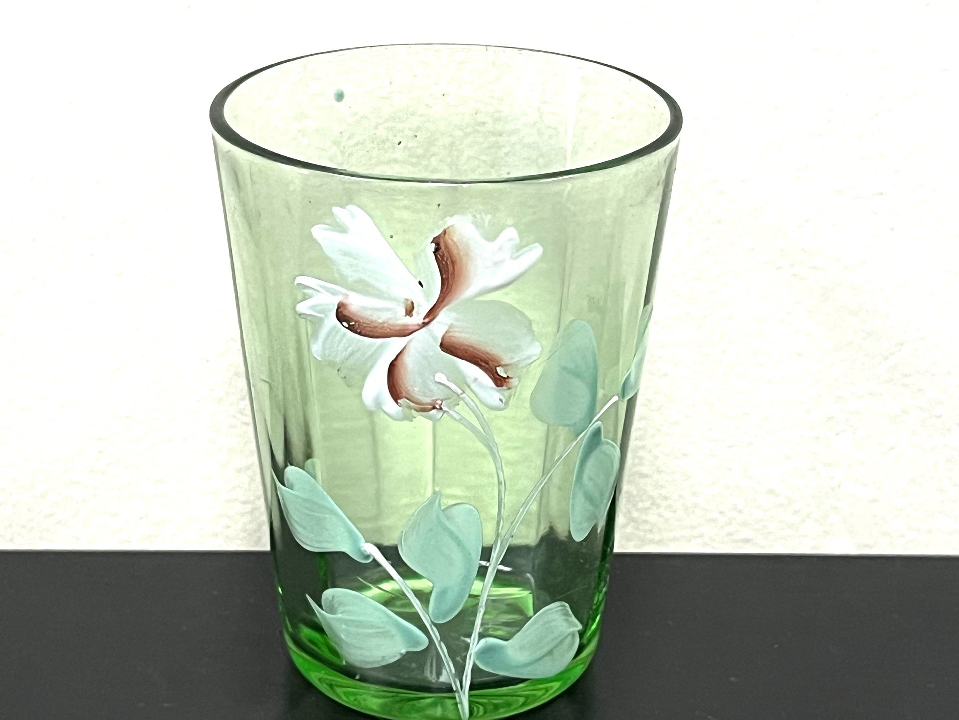 Antique Glass. Enameled Early 20th Century Glass. Green. Drinking Glass