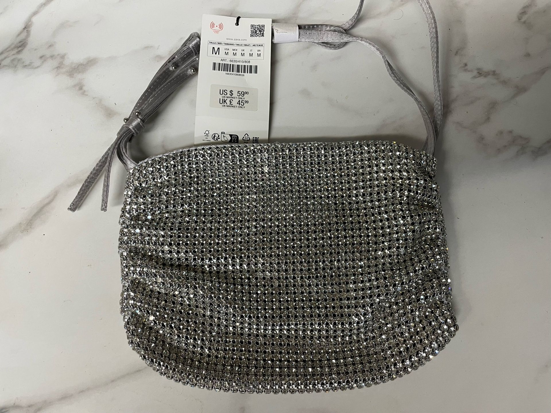 ZARA Diamante Rhinestone Mini Bucket Bag BNWT β Silver Sparkly Evening Party Bag