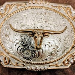 Montana Silversmiths Two-Tone Cowboy Cameo with Longhorn Belt Buckle