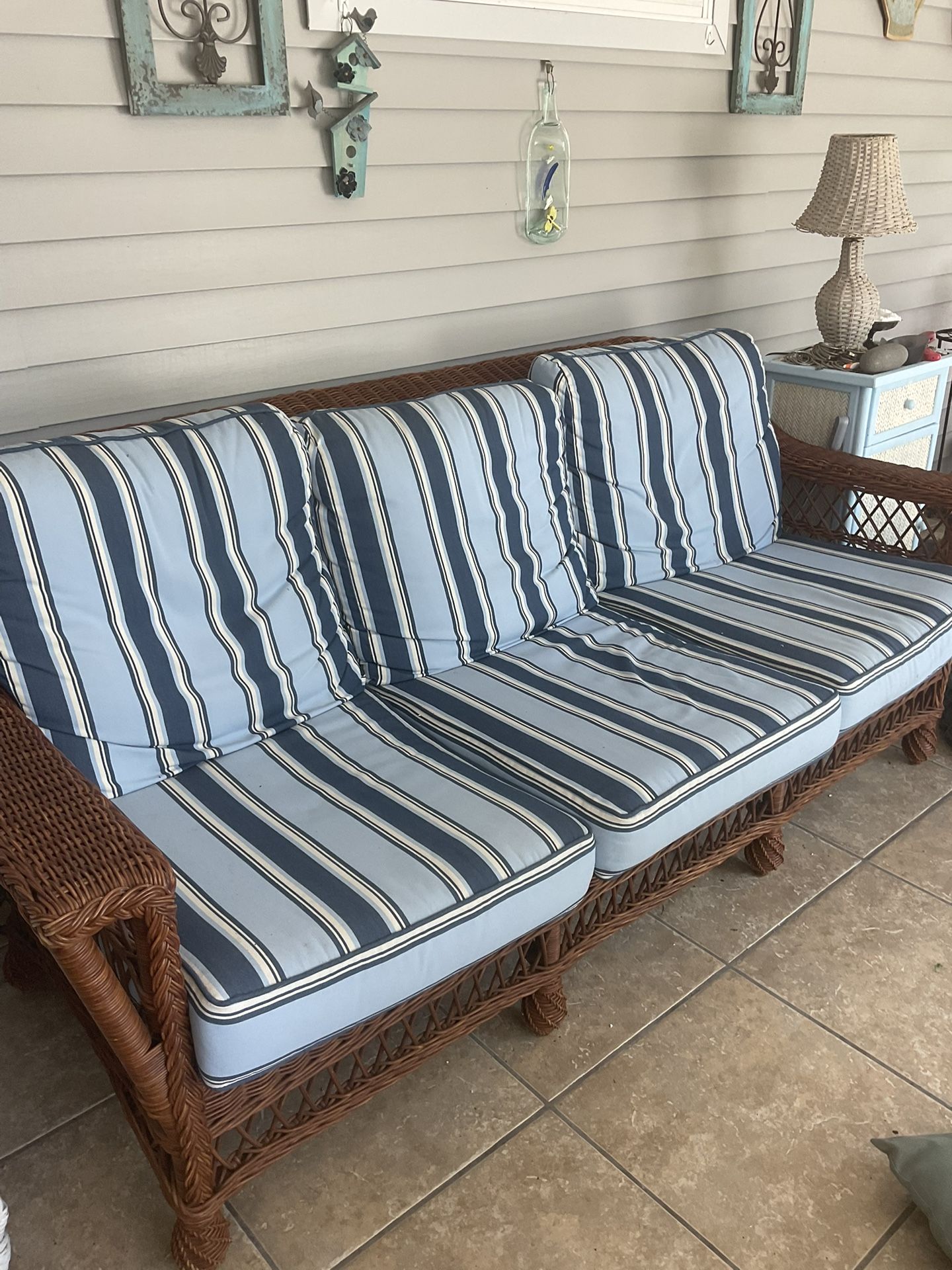 Wicker Woven Rattan Sofa With Blue Stripe Cushion
