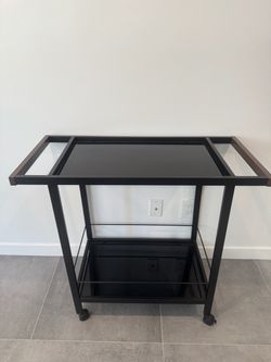 Black Metal Bar Cart on Wheels – Glass Shelves