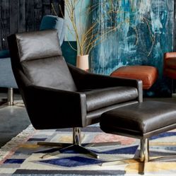 West Elm “Austin” Leather Swivel Armchair, Mcm Style, Dark Brown Leather On Polished Nickel Base