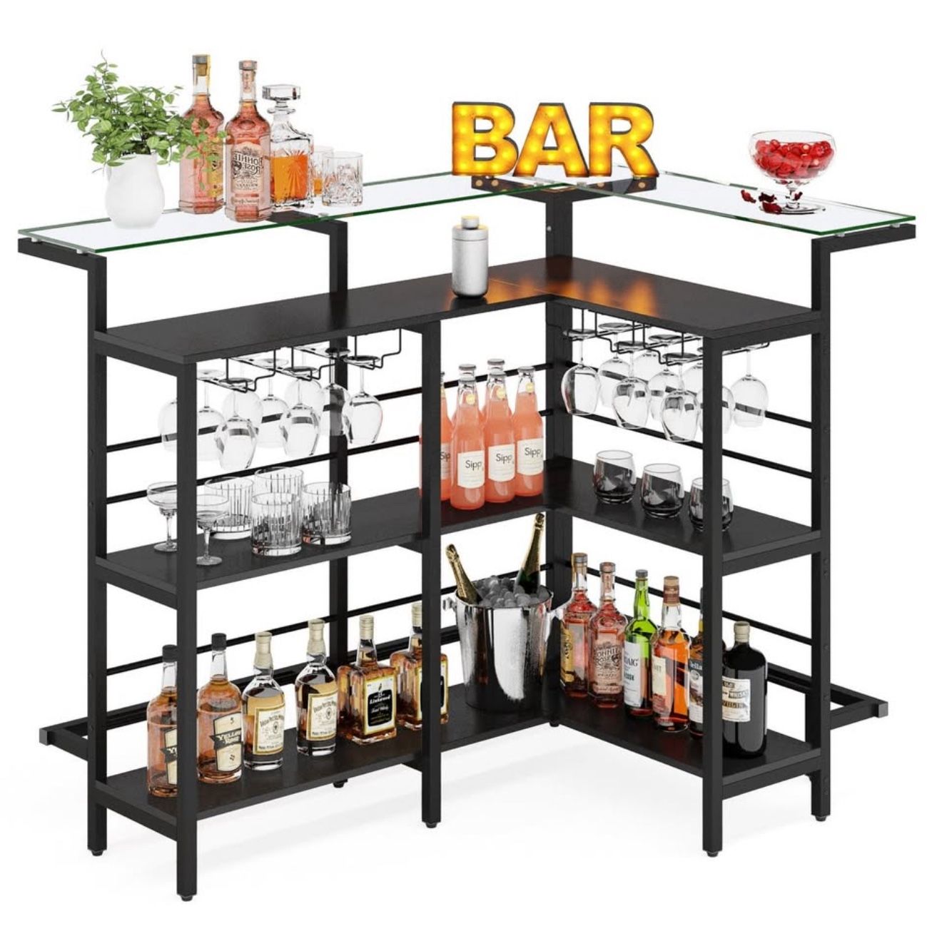 L-Shaped Home Bar w/ Glass Top & Stemware Racks