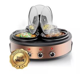 “NIB” MegaChef Round Triple 1.5 Quart Slow Cooker and Buffet Server in Brushed Copper and Black Finish with 3 Ceramic Cooking Pots