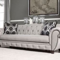 Modern Victorian Grey Linen Fabric Tufted Sofa