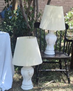 Pair Vintage White Floral Table Lamps