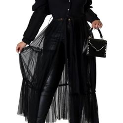 Ekaliy Women’s Sexy Blouses Tunic Long Ruffle Sleeve Button Down Shirt Sheer Mesh Maxi Dress 

