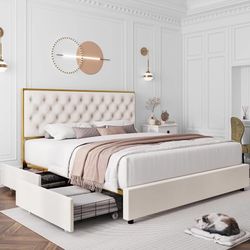 Queen Upholstered Bed Frame with 4 Storage Drawers and Handmade Button Tufted Headboard, Modern Velvet queen Size Platform Storage Bed with Solid Wood