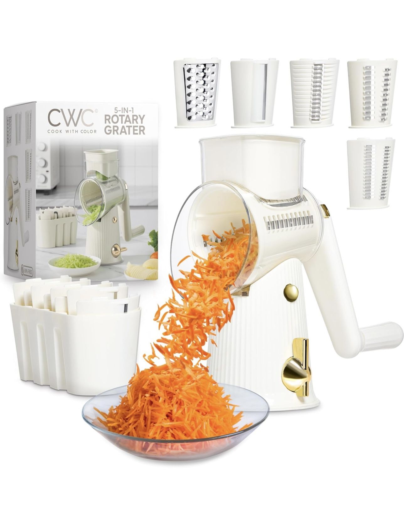 Rotary Cheese Grater with Handle - Counter Cheese Grater Suction Base with Hand Crank - 5 Blade Cheese Shredder - Easy to Use Manual Vegetable Chopper