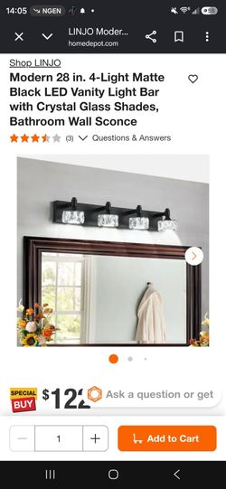 Modern 28 in. 4-Light Matte Black LED Vanity Light Bar with Crystal Glass Shades