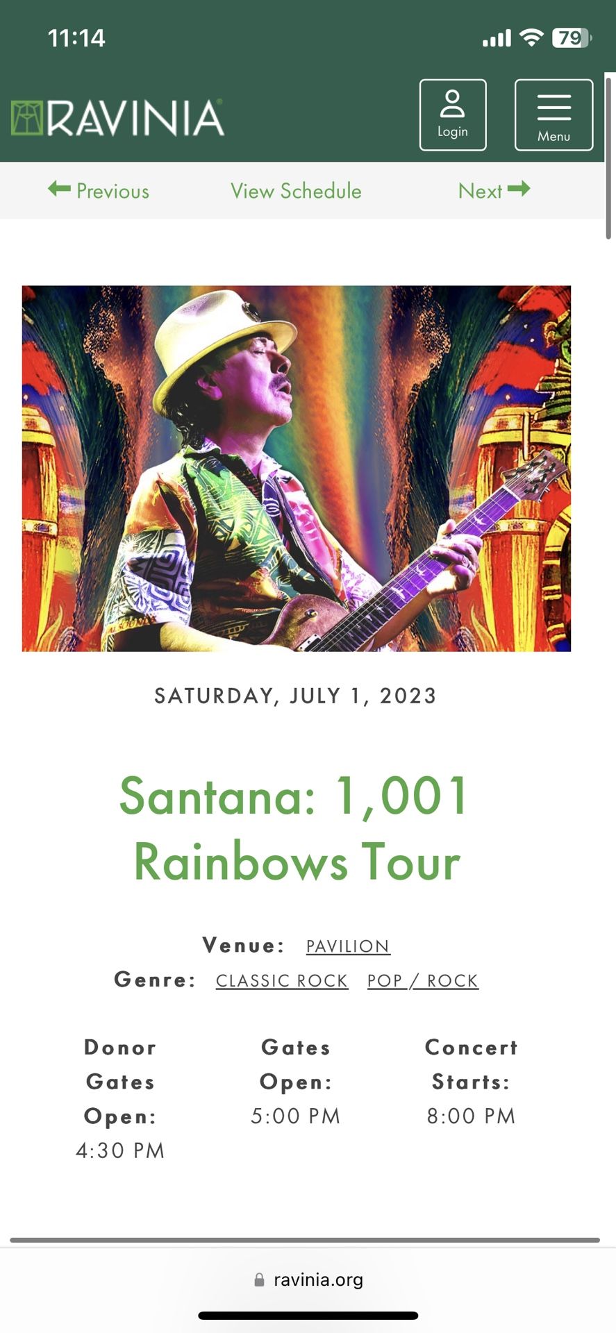 Santana Concert @ Ravinia SATURDAY NIGHT SOLD OUT (6 Available GA LAWN)