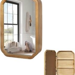 New Wall-Mounted Medicine Cabinet with Mirror, Bathroom Storage Shelves Natural Wood Frame