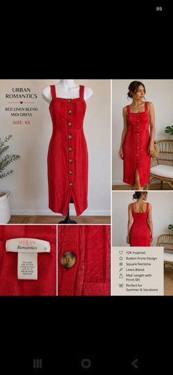 Urban Romantics Red Linen-Blend Button-Front Midi Dress