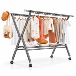 [NEW] Foldable Extendable Rolling Clothes Drying Rack w/ Shelf 53 - 91 in (Gray/Black)