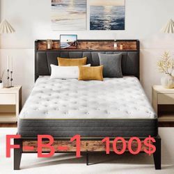 （F-B-1）Full Bed Frame, Storage Headboard with Charging Station, Solid and Stable, Noise Free, No Box Spring Needed, Easy Assembly