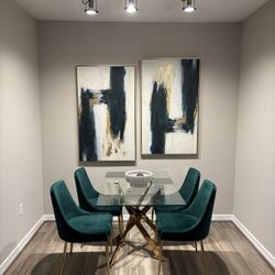 Modern Gold Dining Set w/ Velvet Chairs + Large Abstract Wall Art