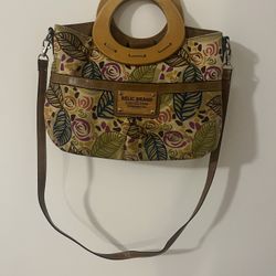 Relic Canvas Clutch Handbag Multicolored Leaf Floral Wood Handle Inner Pockets