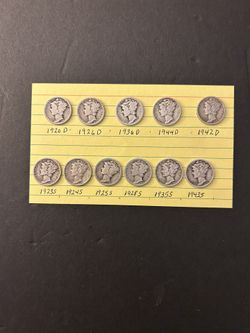 Coins  Mercury Dimes 90% SILVER – 1920s and 1930s and 1940s decades - Total 11 Coins 