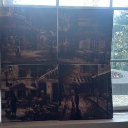 Paris Café Wall Art Set – 4 Canvas Prints – European Street Scene Decor