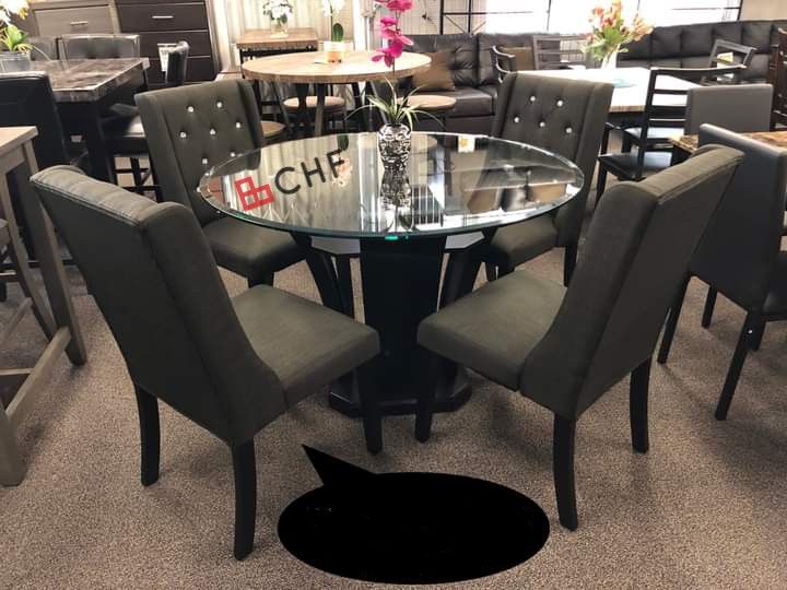 5 Pc Glass Top Round Dining Table Set 