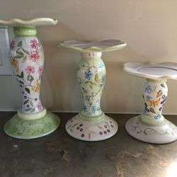 Beautiful Set Of 3 Capriware Hand-painted Ceramic Candle Pillars.  Excellent Condition!