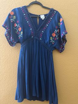 Blue Floral Embroidered Boho Mini Dress
