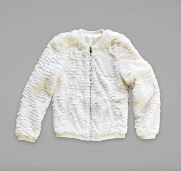 Off White Faux Fur Cropped Bomber Varsity Jacket Sz XXS