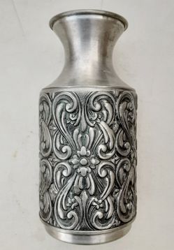 Vintage mid century modern Norwegian pewter signed 6" high Norwegian art metal vase