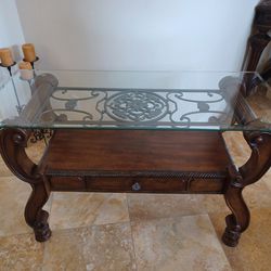 Ashley Furniture Wood and Metal with Beveled Glass Top Console / Sofa Table