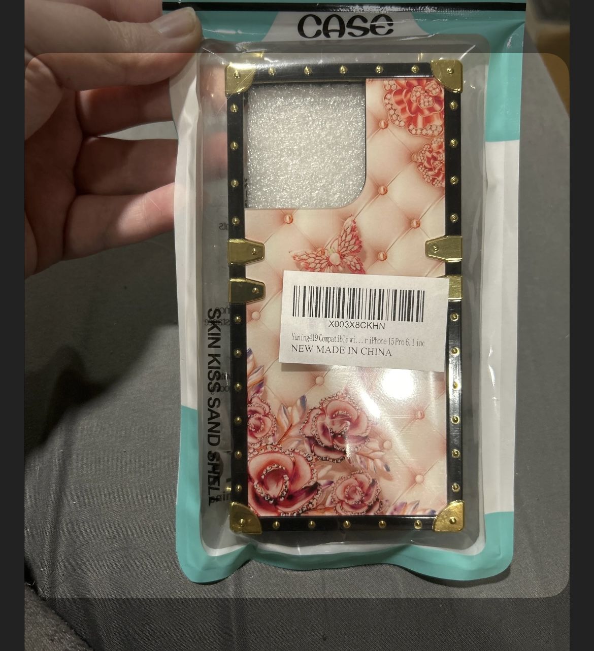 Pink iPhone Case For iPhone 15 Pro With Rose Design, Black And Gold Trim