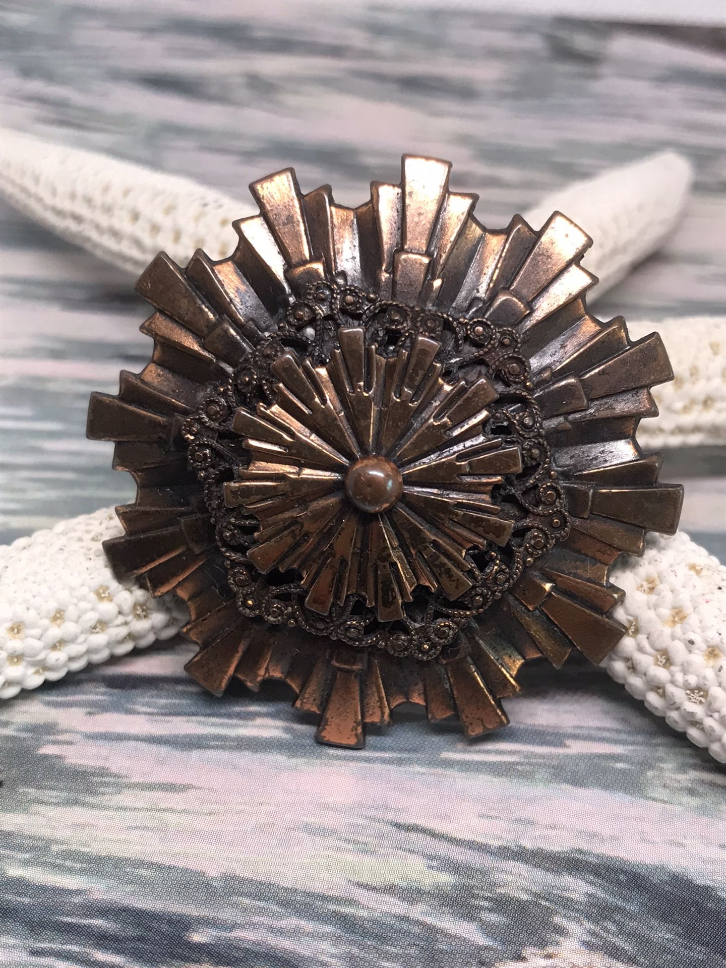Vintage Atomic Solid Copper Sunburst Brooch 