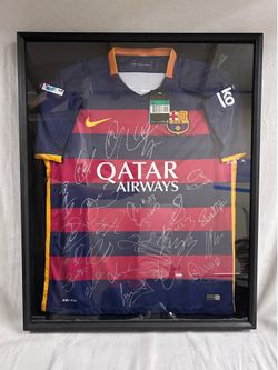 Messi Neymar JR Suarez 2015 Nike FC Barcelona SIGNED Team Jersey COA Framed NEW