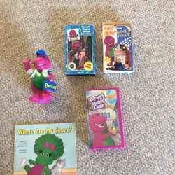 Vintage  Assortment The Purple Dinosaur BARNEY Preowned Coin BANK ——Baby Bop Book ,—-3 VHS Tapes $25 Take All.
