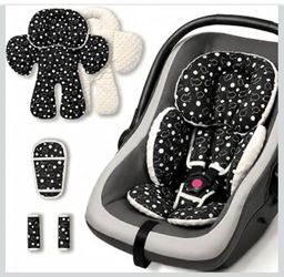 Baby Car Seat Cushion Set with Shoulder Pads & Crotch Pad, Reversible Double-Sided Infant Head Support for Newborn, 3D Bubble Dot & Cotton Stroller Pa