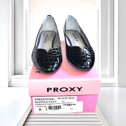 Proxy Emastine Black Croc Wedge Heel Reptile Patent Design Shoes Women 8 Narrow