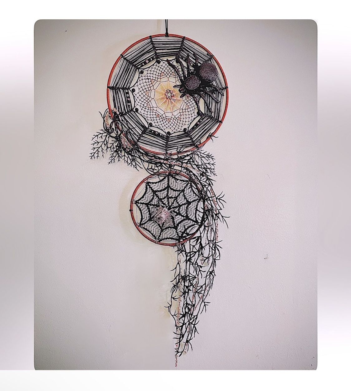 Handmade Black & Silver Spiderweb Dreamcatcher Witchy Woven Glitter Wall Hanging