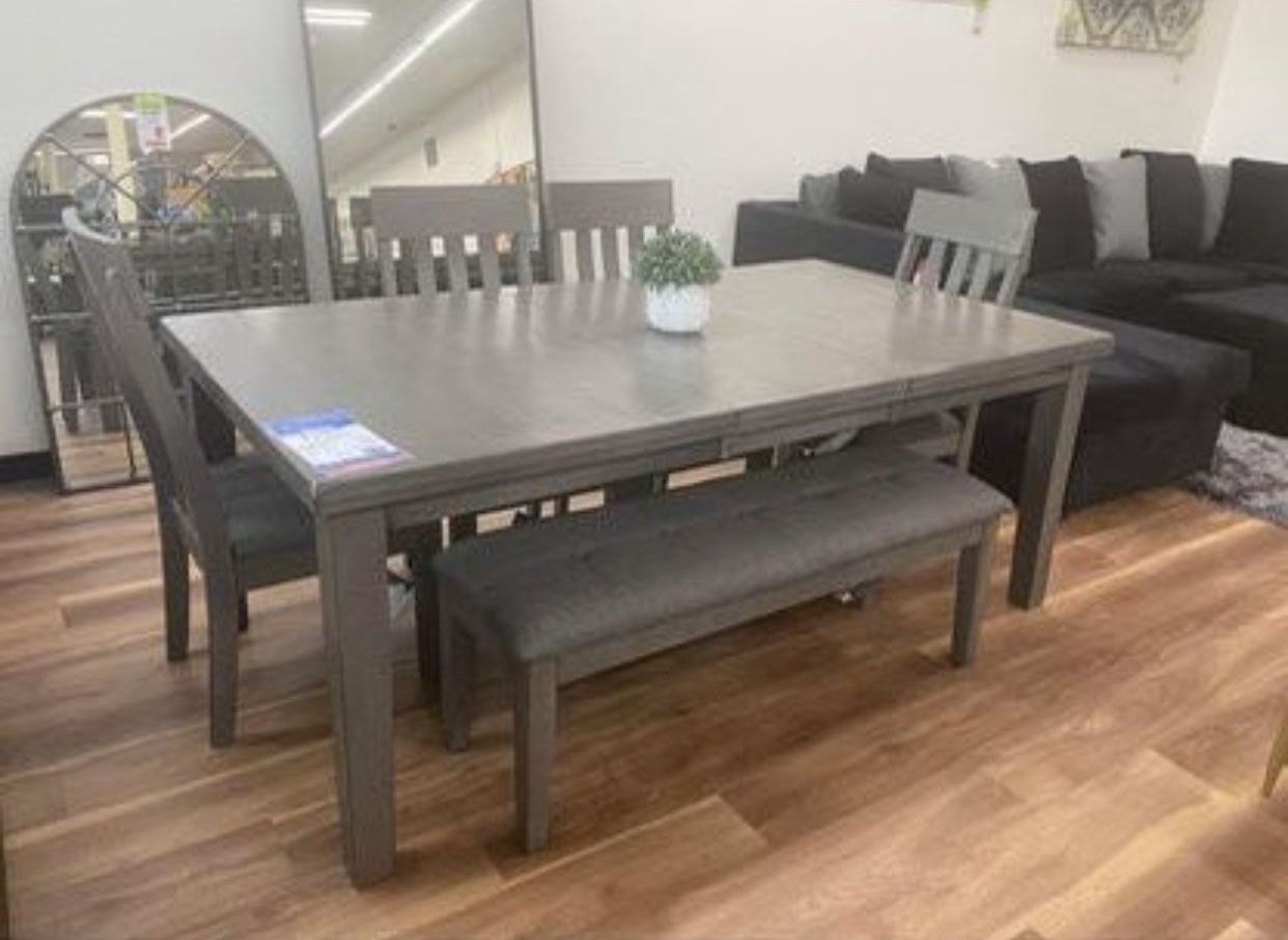 New Gray Or Brown Ashley Brand Dining Room Table Set With Leaf, Bench And 4 Chairs 